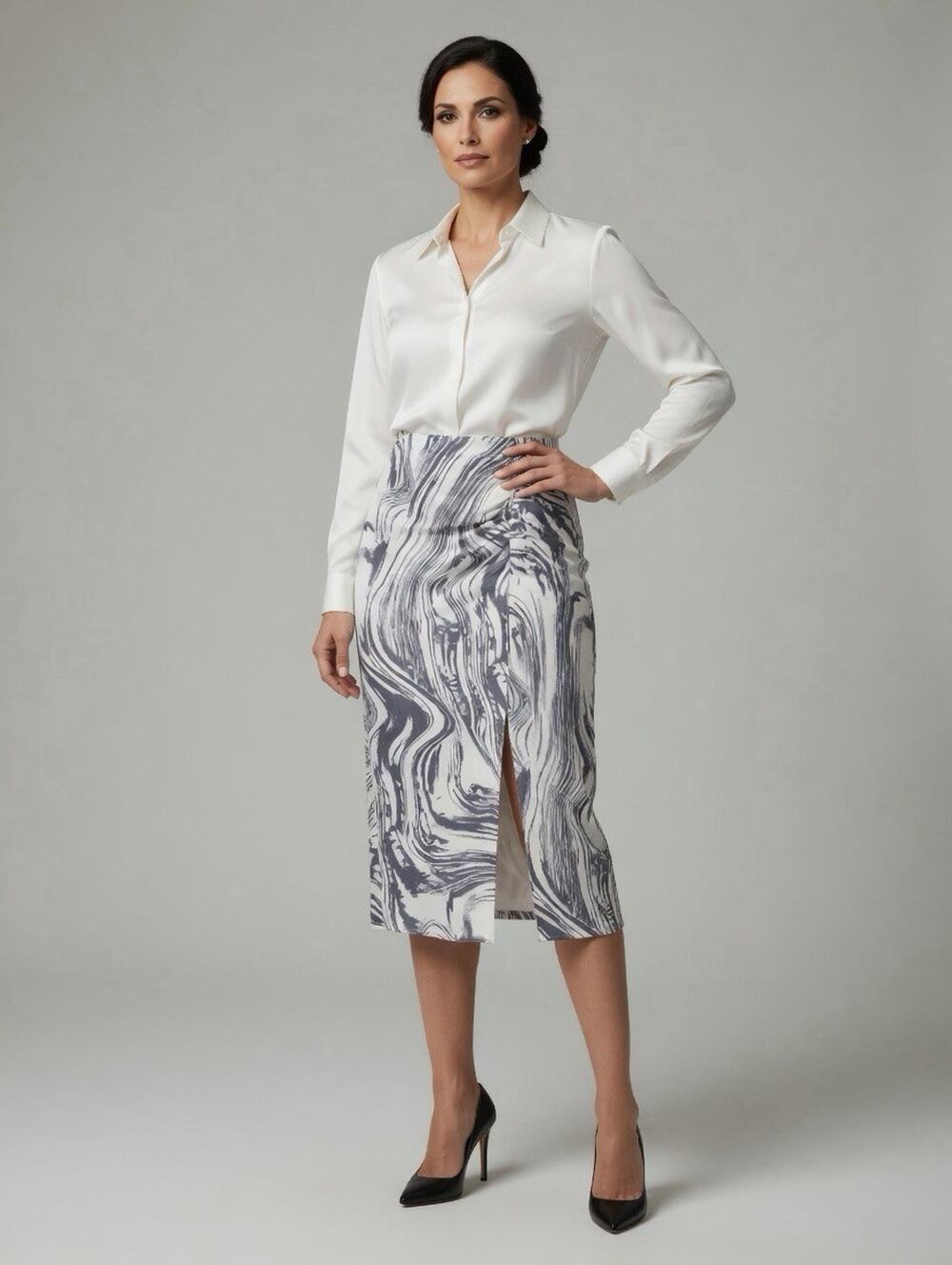 NEW A New Day Midi Skirt Ruched Modern Luxury Career Stretch PullOn Slit Evening